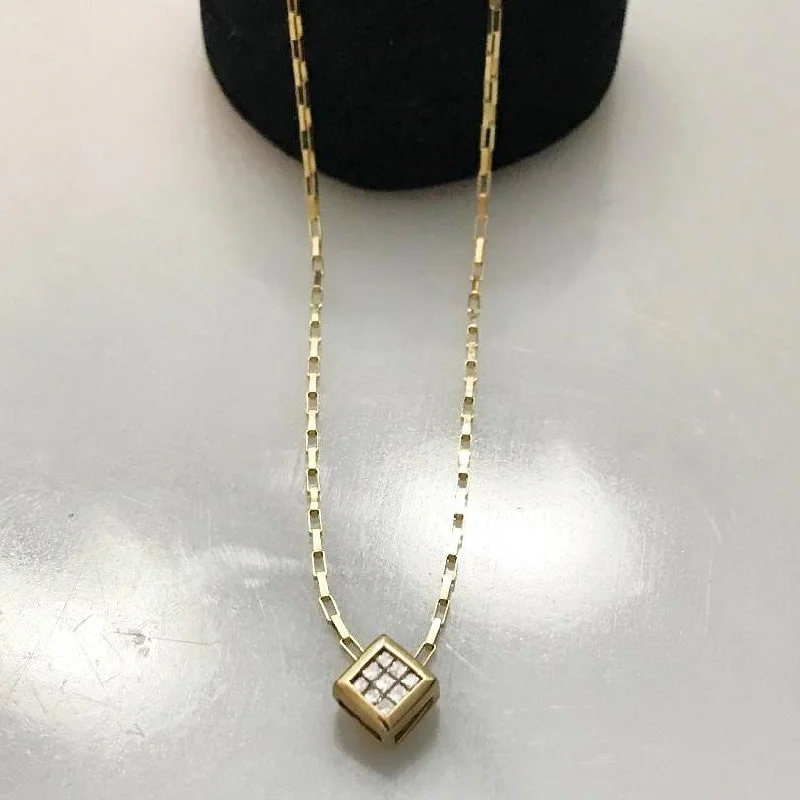 Women’s layered necklace-10KT Yellow Gold Princess Cut Diamond Pendant Tic Tac Toe Pattern Square