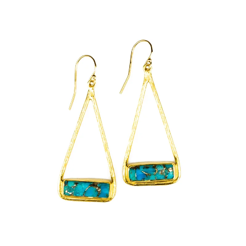 Women’s nature-inspired earrings-Adira Series | Copper Turquoise Triangle Bar Dangle Earrings, Sterling Silver or Gold Fill, Boho Chic Frame Earrings for Women, December Birthstone