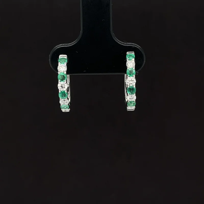 Women’s gold earrings-Emerald & Diamond Hoop Earrings in 18k White Gold - (#198 - HEEME000235)