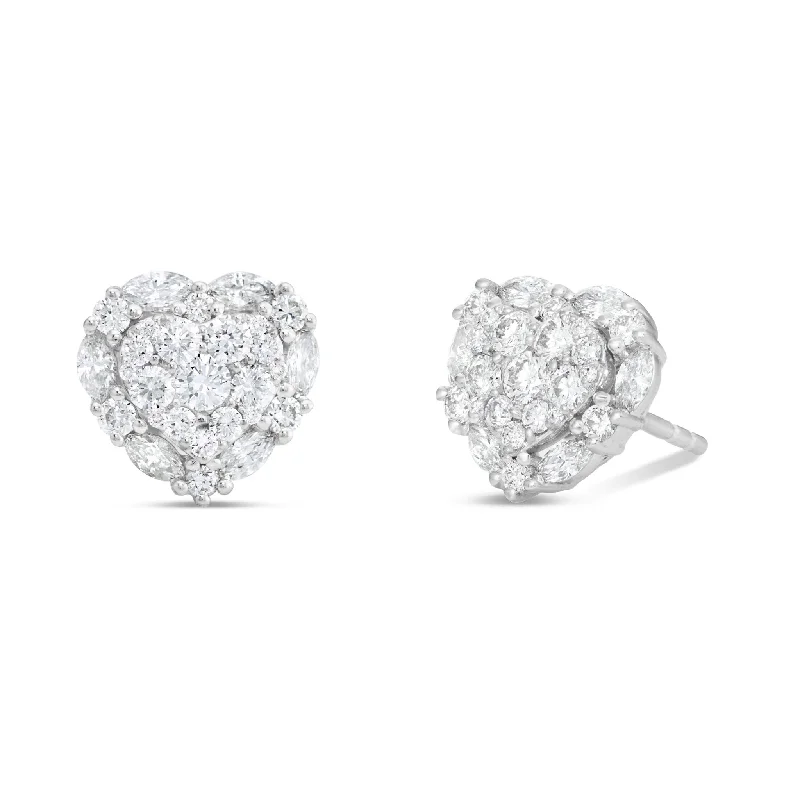 Women’s radiant diamond engagement ring-18K White Gold 1.23ct Bilevel Heart Diamond Studs