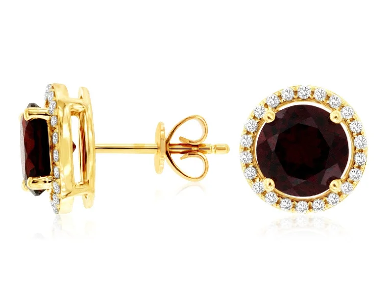 Women’s dazzling diamond earrings-14K Yellow Gold Garnet & Diamond Halo Stud Earrings