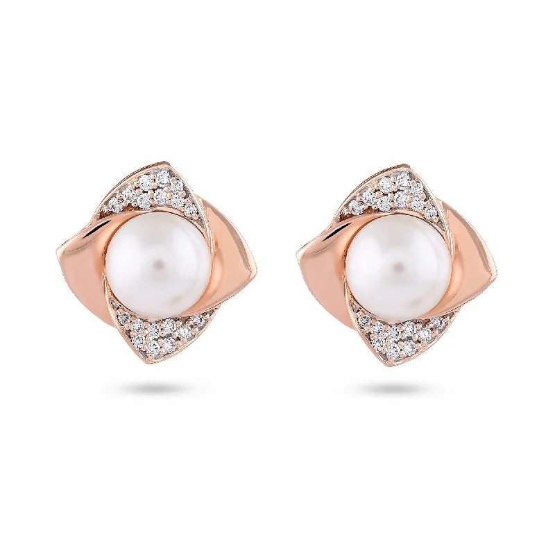 Women’s vintage gold earrings-Diamond Pearl Stud Earrings