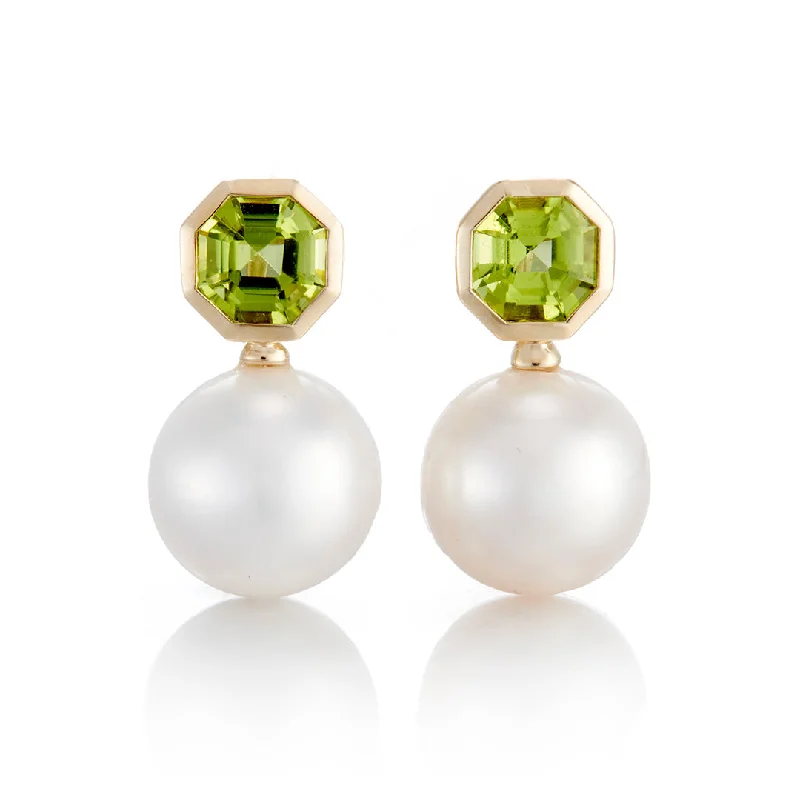 Women’s long earrings-Octagonal Peridot & Pearl Drop Earrings