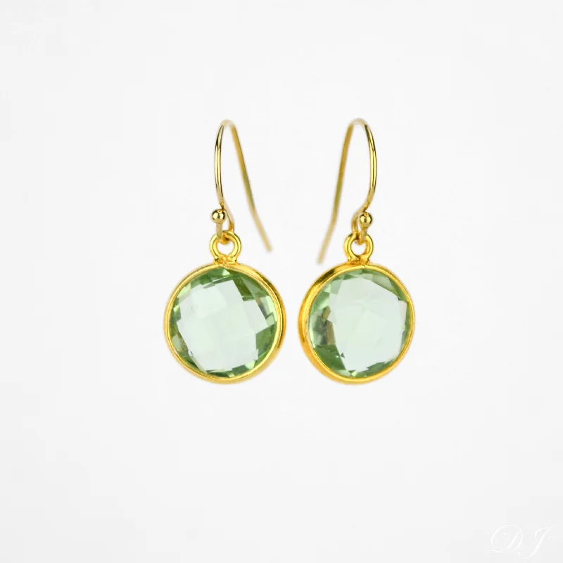 Women’s vintage gold earrings-Green Amethyst bezel set Earrings  - February Birthstone