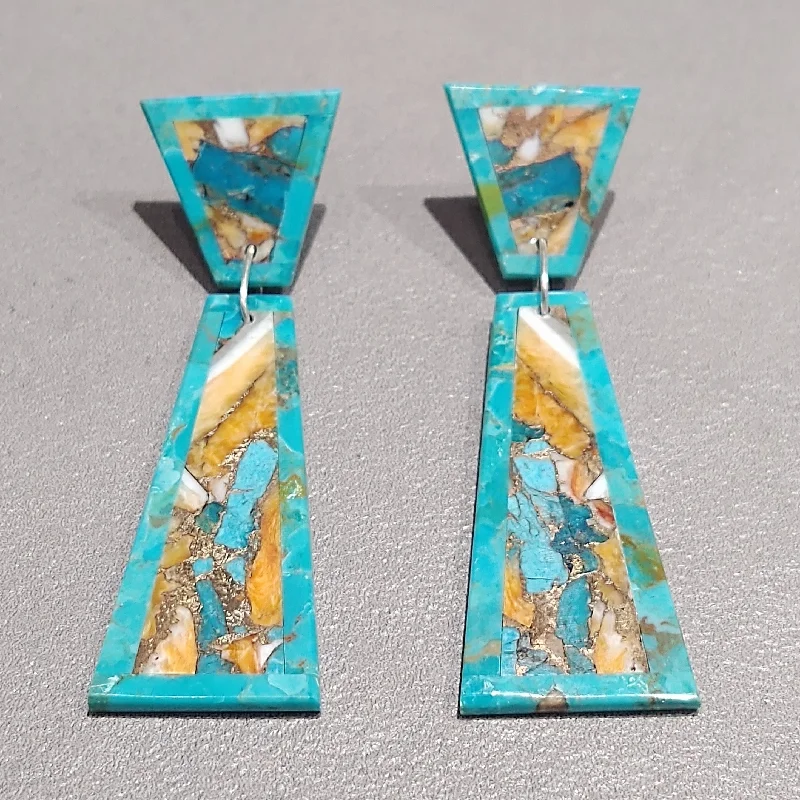 Women’s diamond earrings-Herman Tenario Kewa Turquoise Spiny Oyster Earrings - Handmade Native American