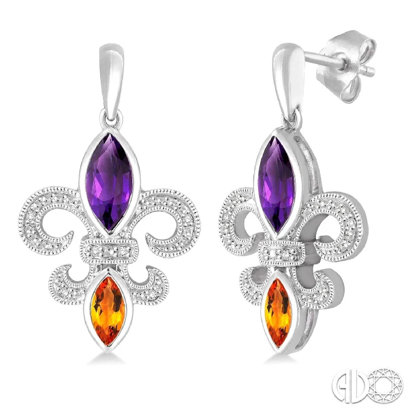 Women’s chic earrings-Silver Fleur De Lis Gemstone & Diamond Earrings, LSU Earrings