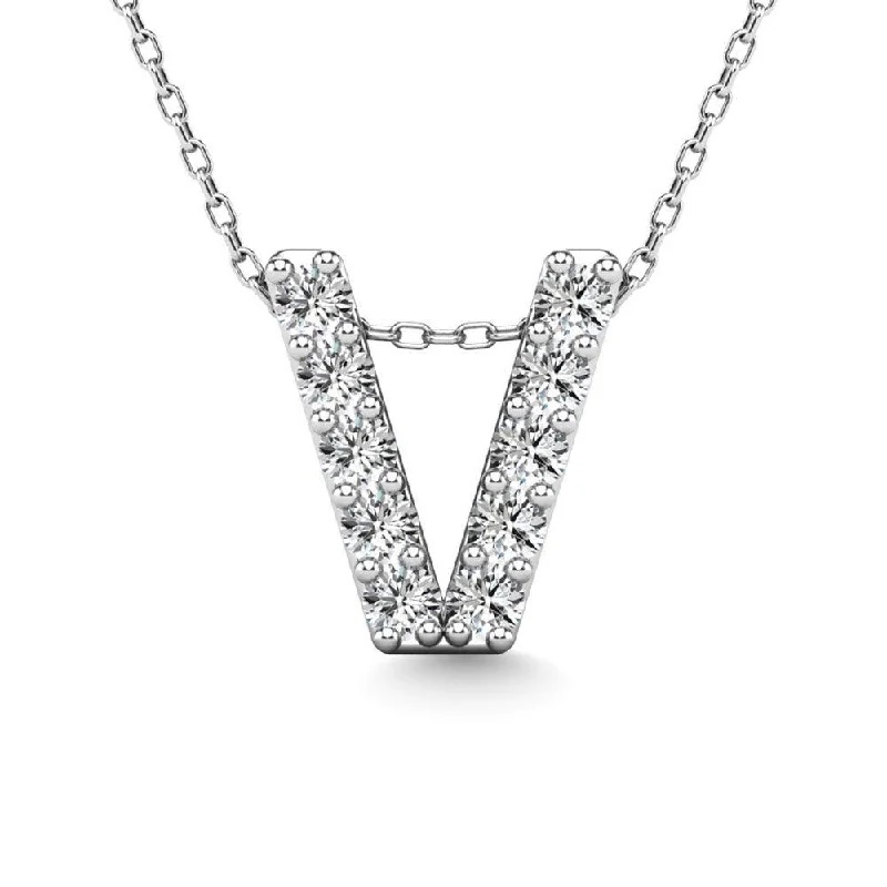 Women’s statement necklace-Diamond 1/10 Ct.Tw. Letter V Pendant in 14K White Gold"