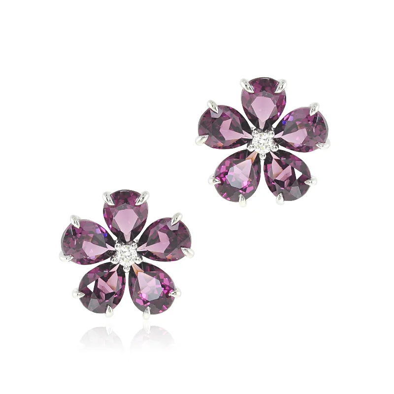 Women’s elegant earrings-Forget-Me-Not Earrings in Rhodolite Garnet & Diamonds