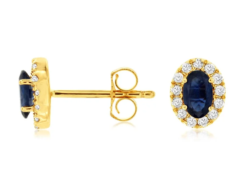 Women’s chic drop earrings-14K Yellow Gold Oval Sapphire & Diamond Stud Earrings