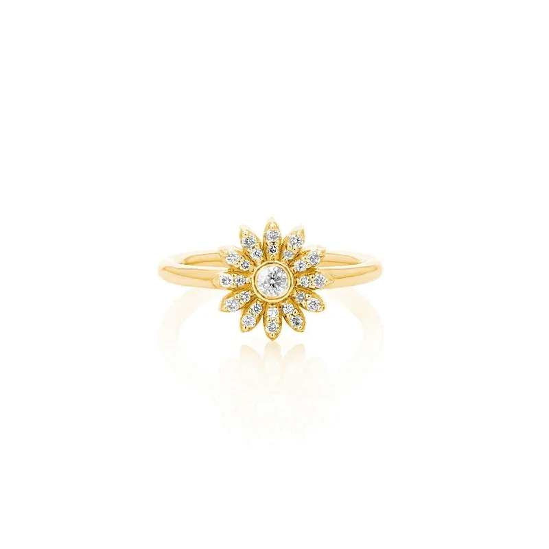 Women’s vintage-inspired diamond engagement ring-14k Petite Pave Daisy Ring with Bezel Diamond Center  RG145