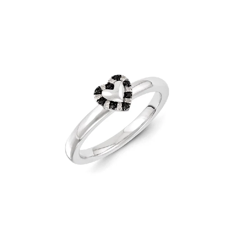 Women’s round diamond engagement ring-Sterling Silver Rhodium Plated Black & Whitee Diamond Stackable Heart Ring | QSK1075