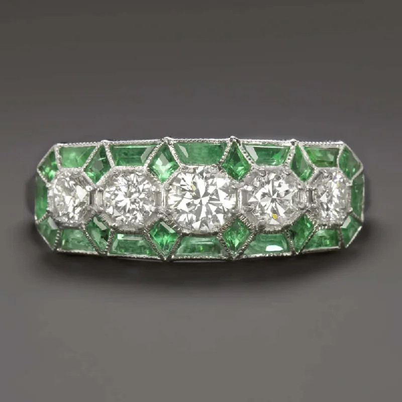 Women’s unique diamond engagement ring-1.5ct DIAMOND EMERALD VINTAGE STYLE RING ART DECO GEOMETRIC COCKTAIL WHITE GOLD