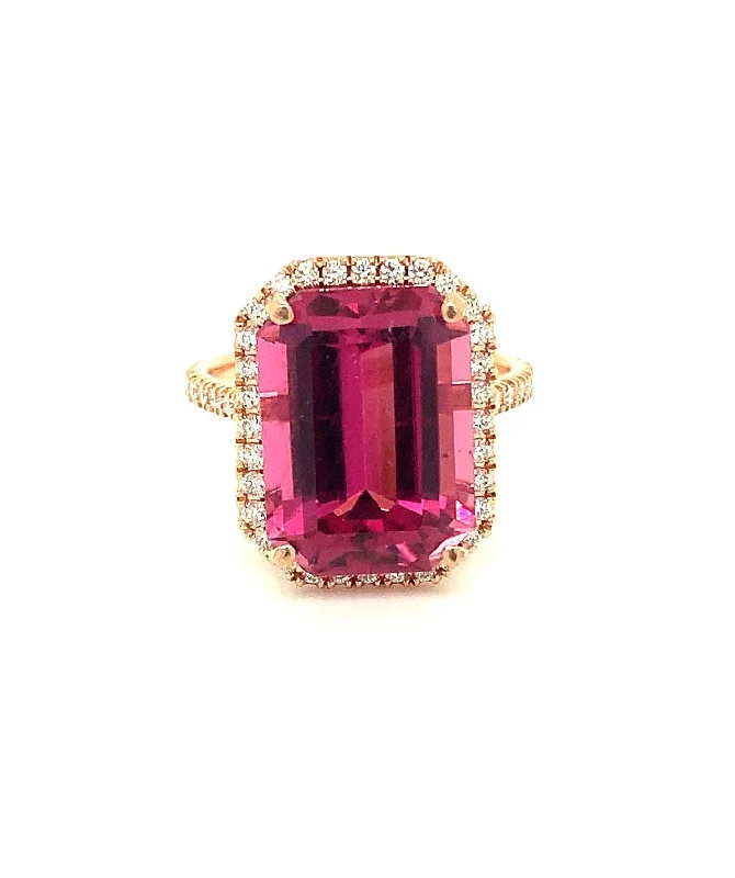 Women’s gold engagement ring-Rubellite Emerald Cut Ring with Diamonds 70-JSA