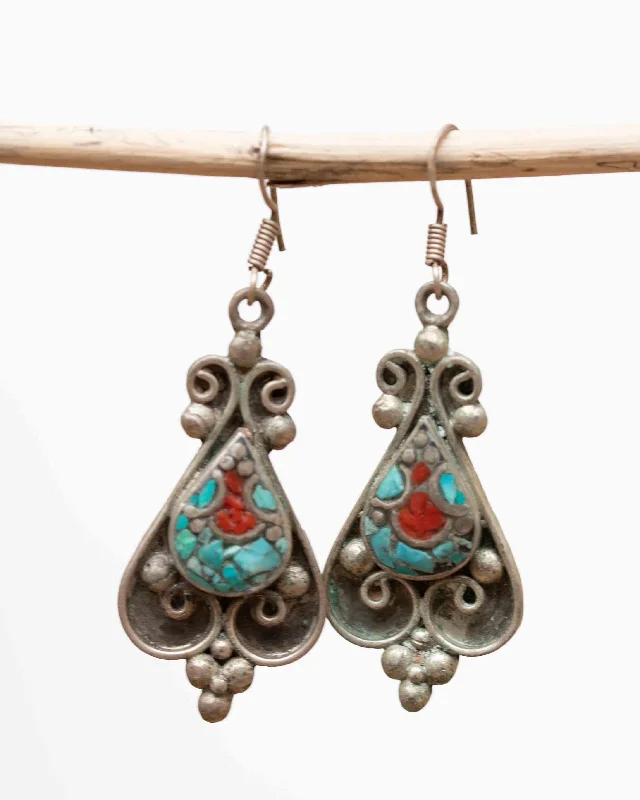 Women’s fashion earrings-Beatriz Turquoise Tibetan Earrings ~ German Silver ~ SME040