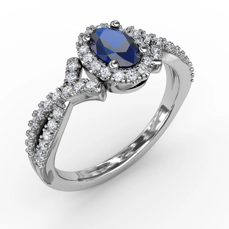 Women’s cushion cut engagement ring-Swirls of Love Sapphire and Diamond Twist Ring R1662S