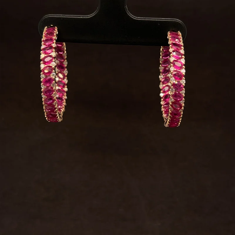 Women’s dazzling earrings-Ruby & Diamond Inside Out Round Hoop Earrings in 18k Rose Gold - #501 - ERRUB043460