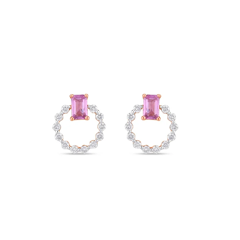 Women’s pearl earrings-Pink Sapphire Circular Diamond Stud Earrings