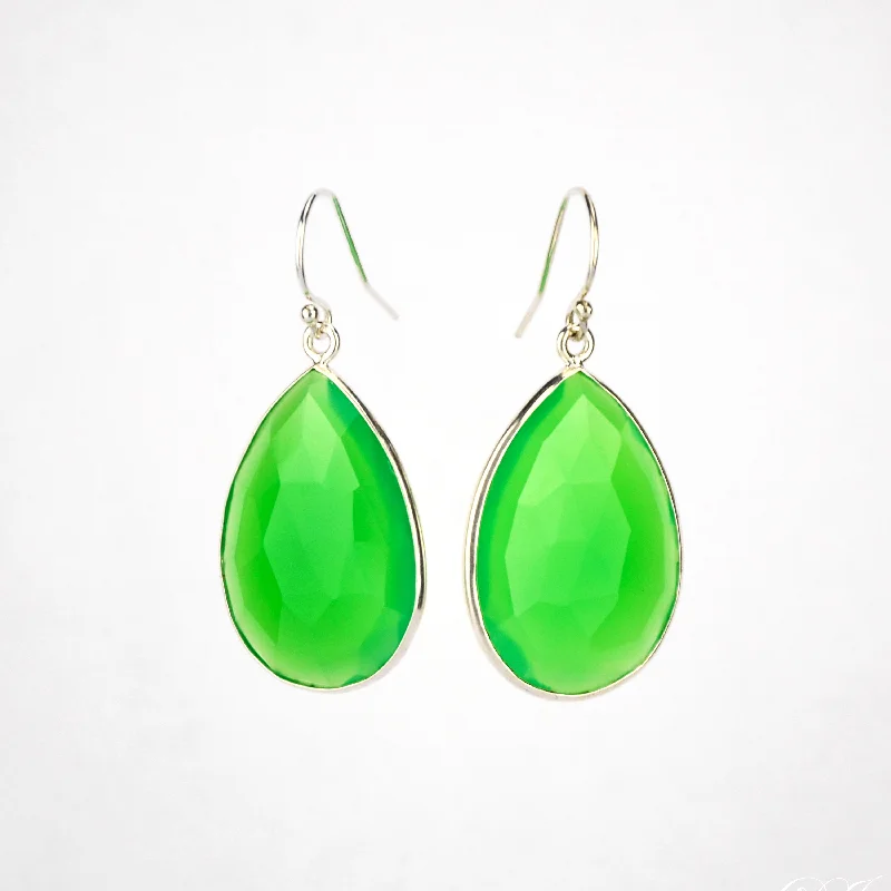 Women’s high-fashion earrings-Faceted Green Chalcedony Teardrop Bezel Set Earrings - August Birthstone