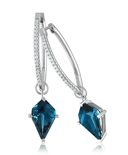 Women’s engagement ring set-Kite Shaped Blue Topaz Drops on Elongated Diamond Hoops 336-JSA