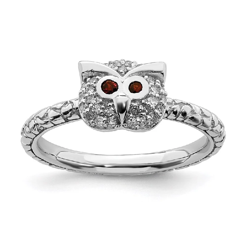 Women’s solitaire diamond engagement ring-Sterling Silver Stackable Expressions Garnet & Diamond Owl Ring | QSK1858