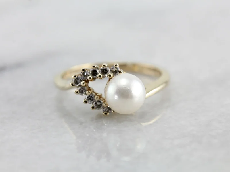 Women’s detailed engagement ring-Diamond and Pearl Cocktail Ring, Asymmetrical Chevron Motif