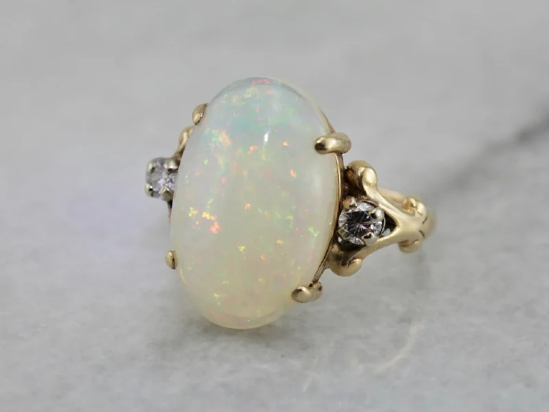 Women’s pave engagement ring-Outstanding Opal Dinner Ring with Diamond Accents