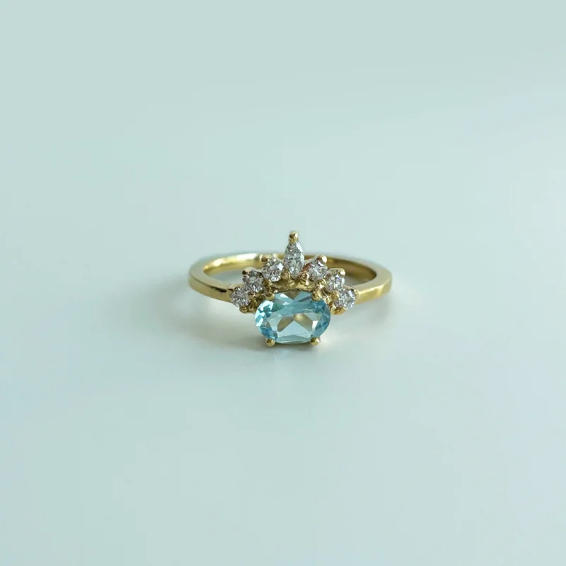 Women’s modern solitaire engagement ring-Aquamarine (0.545 ct) with Diamond Crown Ring, Solid 14k Gold | ONE-OF-A-KIND