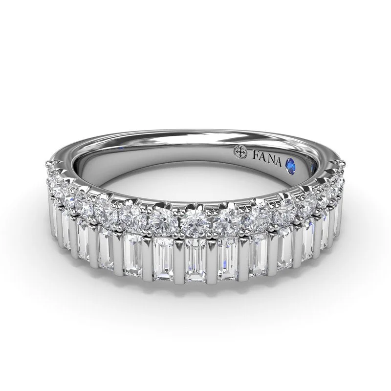 Women’s halo engagement ring-Baguette and Round Diamond Band R5097