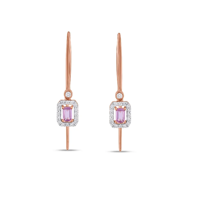 Women’s heart earrings-Long Pipe Diamond Halo & Pink Sapphire  Earrings