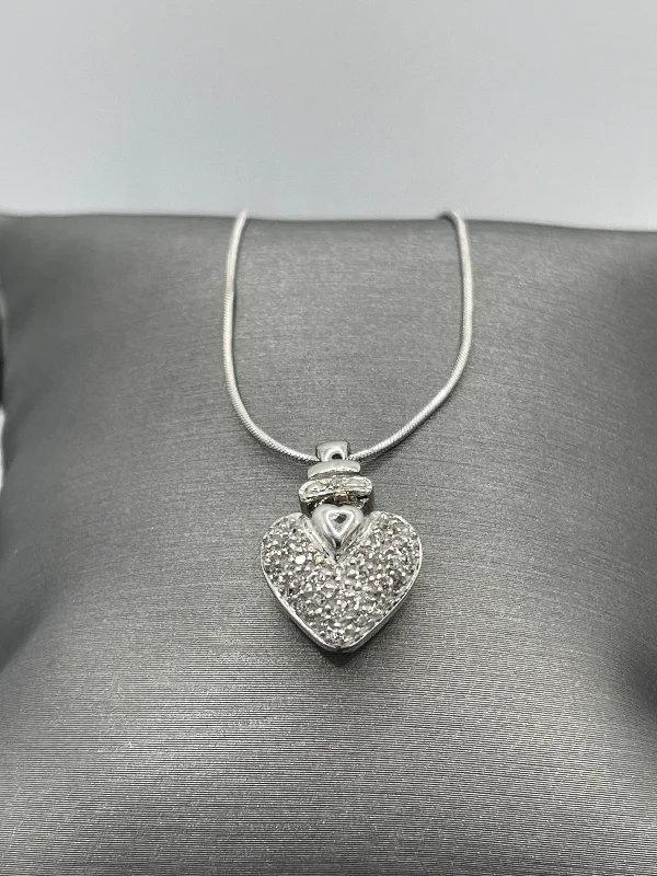 Women’s diamond necklace chain-14 Karat White Gold Pave Diamond Heart Pendant W/ 14 Karat Di-Cut Snake Chain