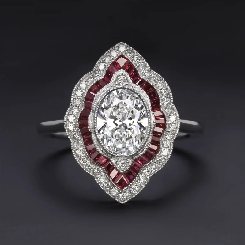 Women’s diamond engagement ring-LAB CREATED DIAMOND RUBY COCKTAIL RING VINTAGE STYLE DOUBLE HALO OVAL ART DECO