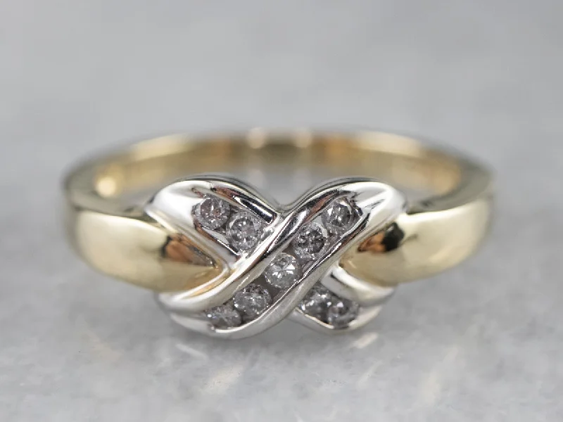 Women’s white gold engagement ring-Two Tone Gold Twisting X Diamond Band