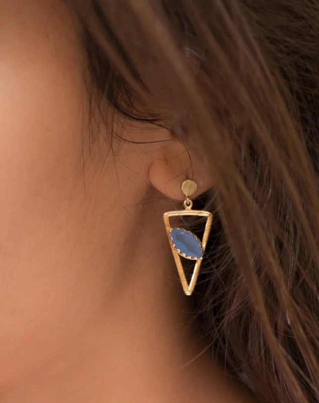 Women’s fine gold earrings-Aqua Chalcedony, Ruby, Blue Chalcedony, Rose quartz, Triangle Gold Vermeil Earrings ~ ME061