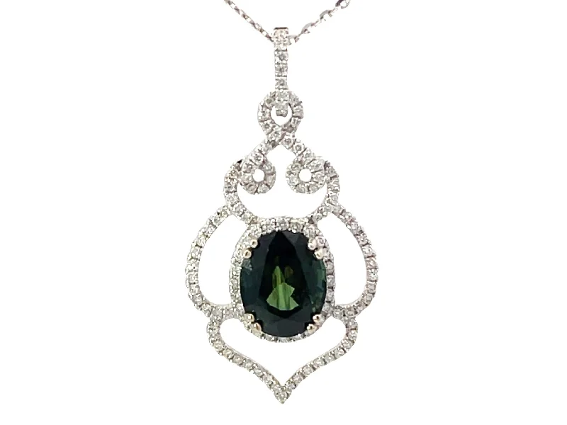 Women’s floral pendant necklace-GIA Green Sapphire Diamond Pendant and Chain White Gold