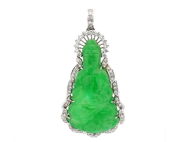 Women’s custom necklace-GIA Jadeite Jade Buddah Diamond Halo Pendant 18k White Gold