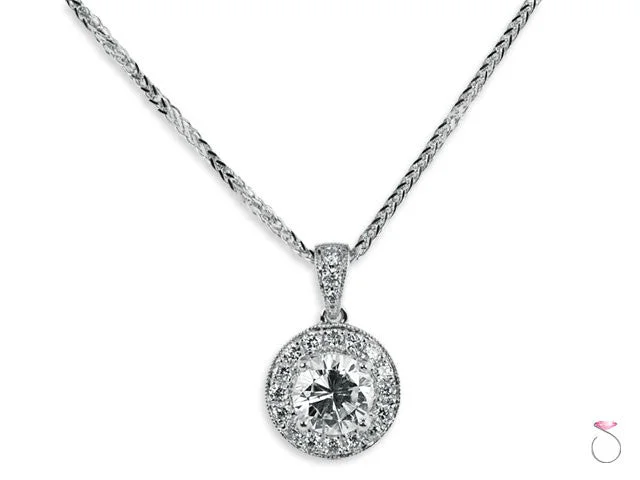 Women’s sparkling necklace-Round Brilliant Diamond Halo Pendant 1.35ctw in 18K White Gold with Chain