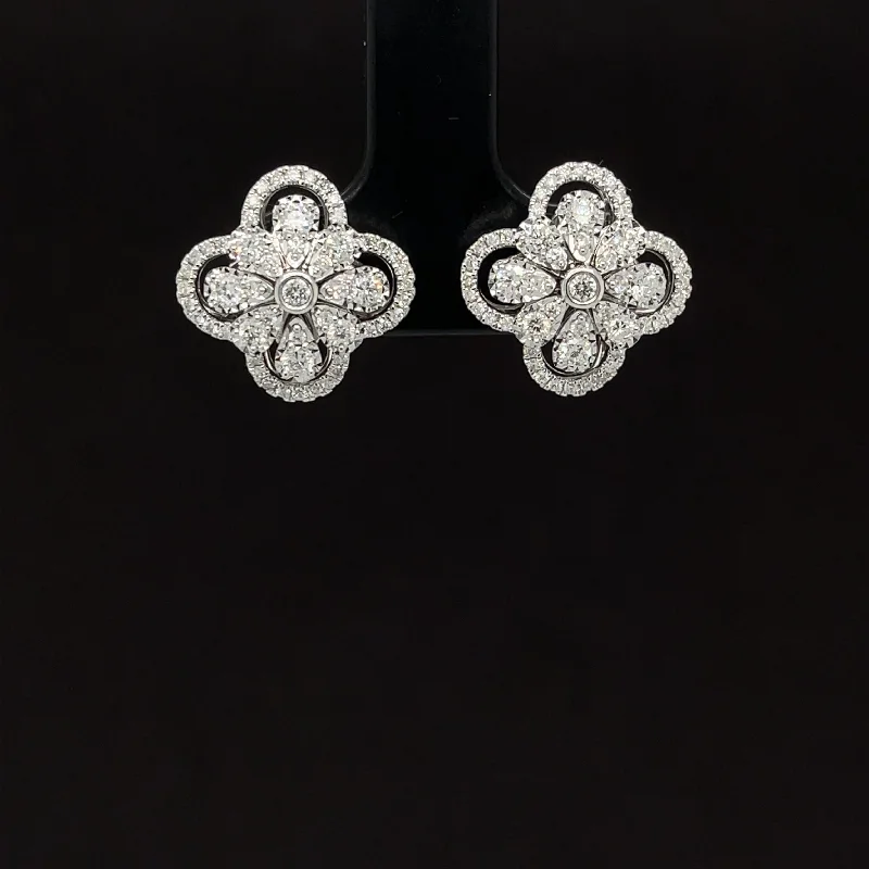 Women’s statement earrings-Diamond Hibiscus Flower Halo Stud Earrings in 18k White Gold - #192 - HEDIA002569