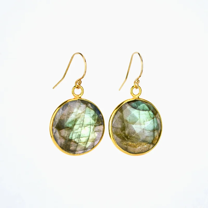 Women’s colorful earrings-Labradorite large round Vermeil Gold or Sterling Silver bezel set Earrings