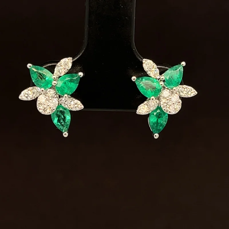 Women’s fashion earrings-Emerald & Diamond 1.21ctw Formal Garden Cluster Earrings in 18k Two-Tone Gold - #395 - EREME027712-