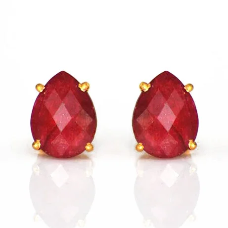 Women’s sapphire earrings-Ruby Teardrop Prong Set Stud Earrings : July Birthstone