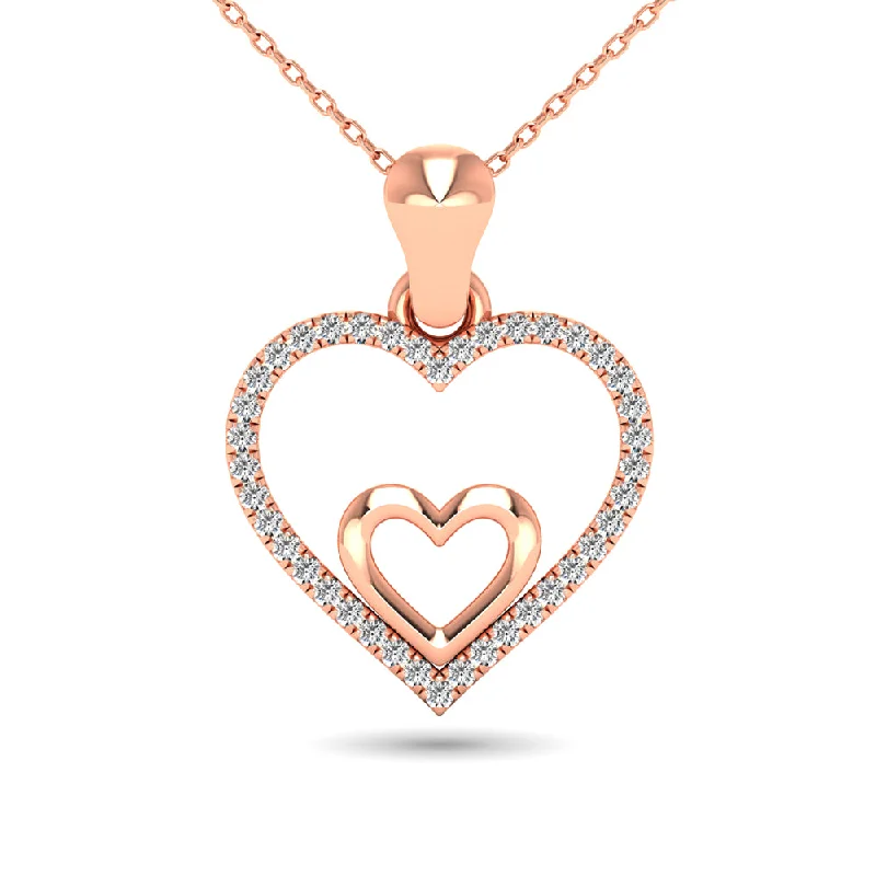 Women’s silver chain necklace-10K Rose Gold 1/10 Ctw Diamond Double Heart Pendant