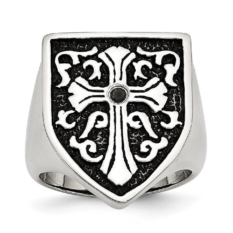 Women’s vintage-inspired engagement ring-Stainless Steel Cross w/Black Diamond Antiqued Shield Ring