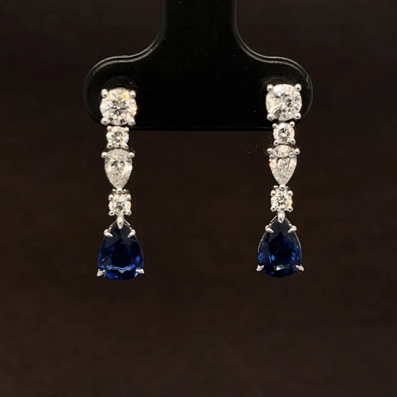 Women’s diamond drop earrings-Blue Sapphire & Diamond Linear Cluster Drop Earrings in 18k White Gold - #510 - ERSAP093536