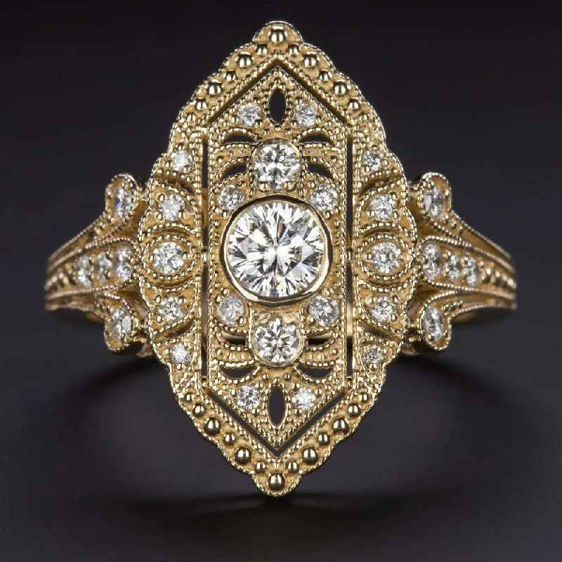 Women’s double band engagement ring-0.59ct DIAMOND NAVETTE RING VINTAGE STYLE ART DECO COCKTAIL YELLOW GOLD NATURAL