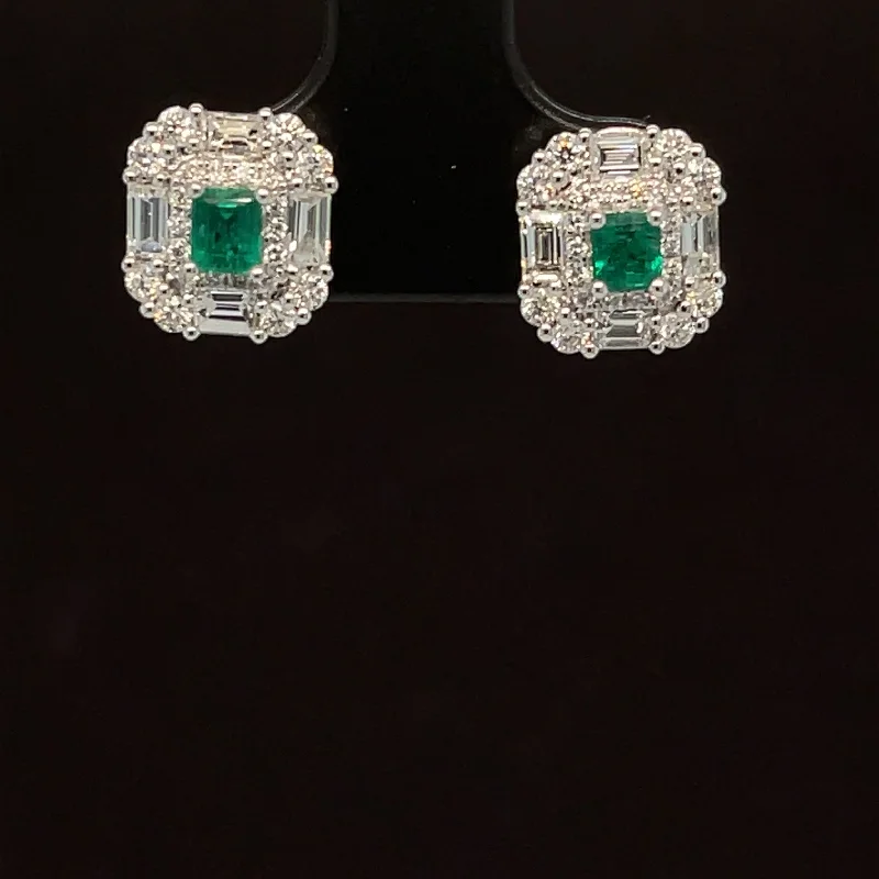 Women’s drop hoop earrings-Emerald & Diamond Halo Cluster Art Deco Stud Earrings in 18k White Gold - #581 -EREME027874