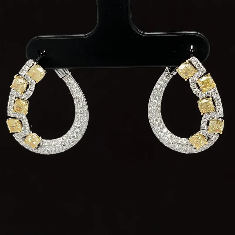 Women’s unique hoop earrings-Fancy Yellow & White Diamond 3.14ctw Oblong Oval Hoops in 18k White Gold  -  #284 - ERTOM000048