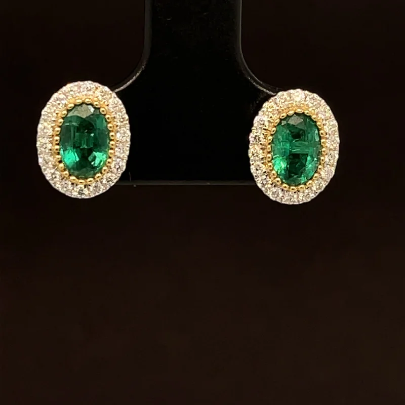 Women’s fine gold earrings-Emerald & Diamond 1.16cw Oval Milgrain Stud Earrings in 18k Two-Tone Gold - #396 - EREME027814