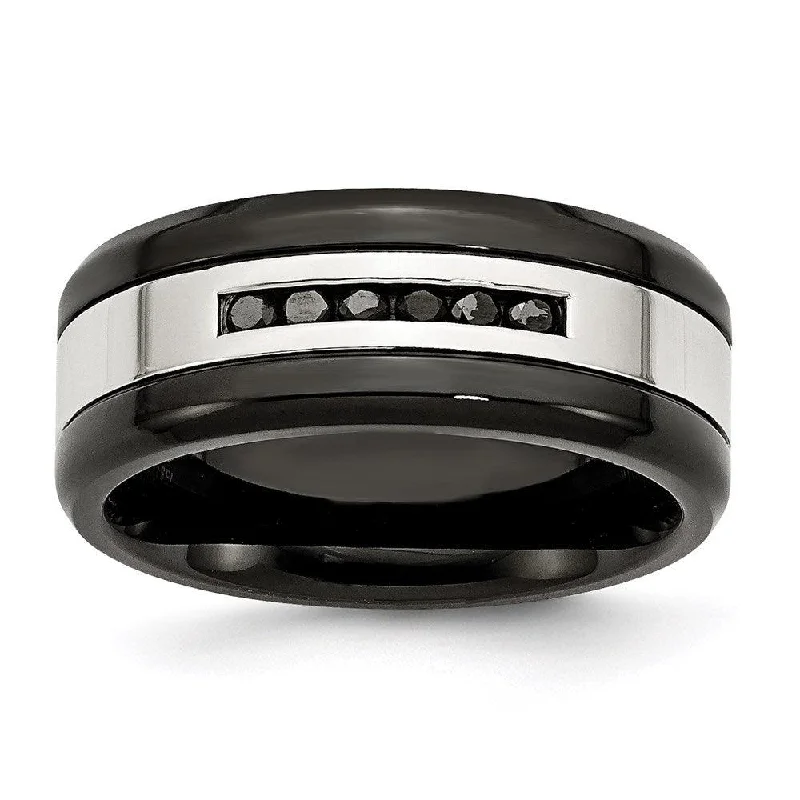 Women’s personalized engagement ring-Stainless Steel Black IP-plated/Polished w/Black Diamonds 9mm Band