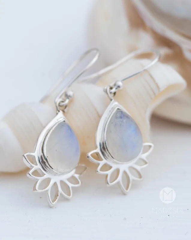 Women’s charm earrings-Lotus flower Turquoise or Moonstone Earrings ~  Sterling Silver 925 ~ ME155A