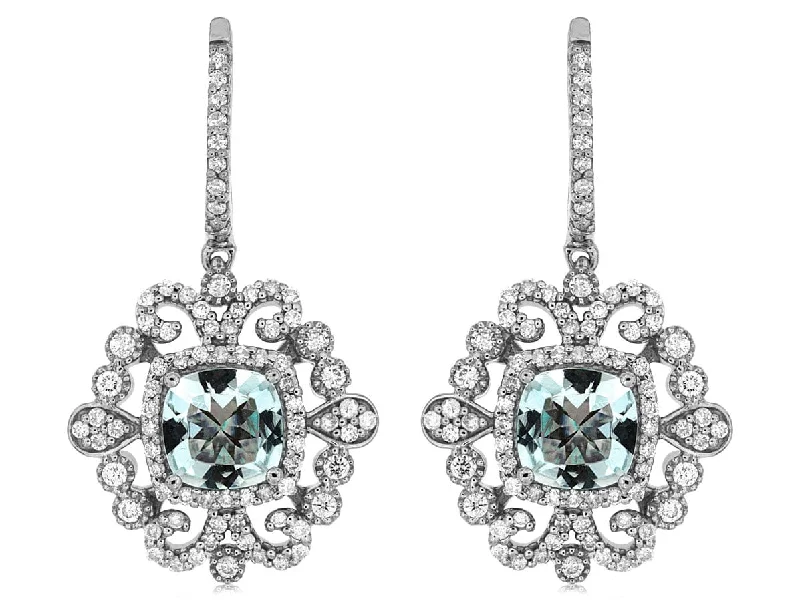 Women’s long drop earrings-14K White Gold Aquamarine & Diamond Dangle Earrings